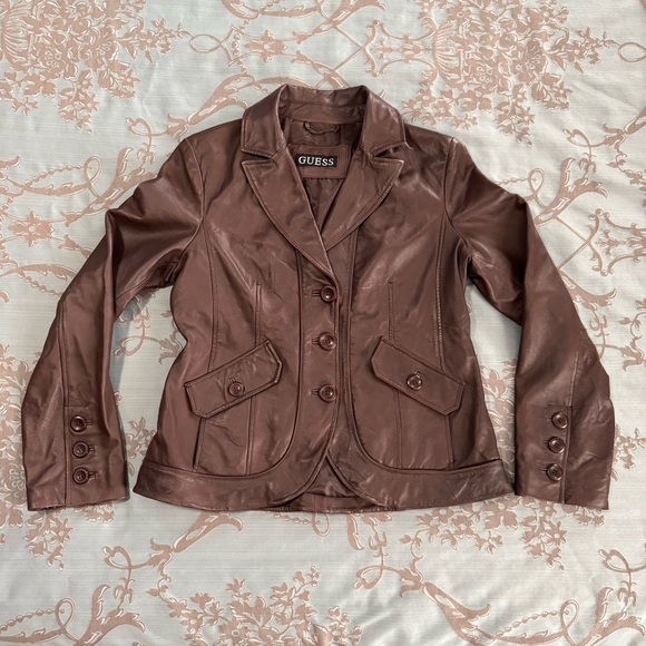 Guess Jackets & Blazers - Guess Vintage Dark Brown Leather Button Blazer Jacket Women Size Large